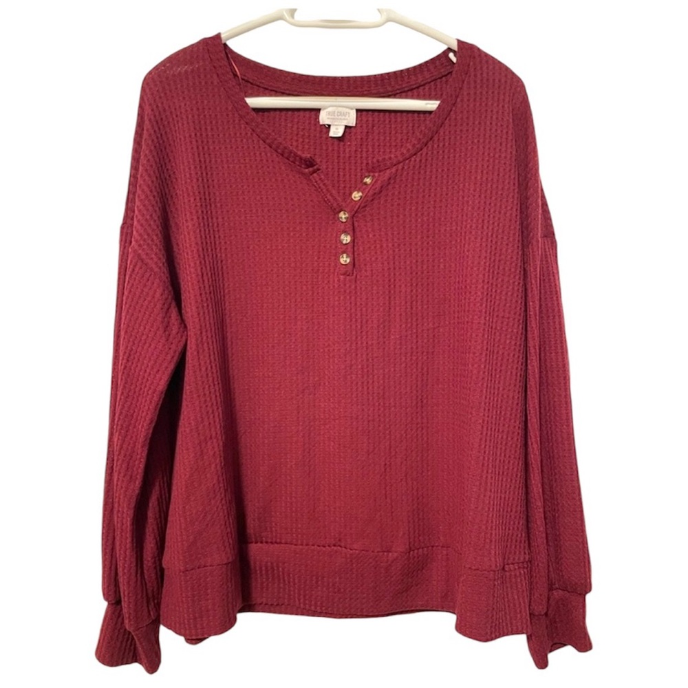 True Craft V-Neck Long‎ Sleeve Waffle Sweater Burgundy Wine Red Women’s 1X